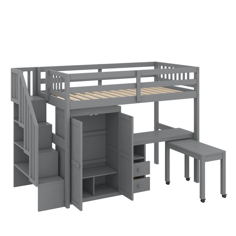 Loft Bed Featuring Integrated Staircase, Bookshelf, Drawers, Workspace Desk, And Wardrobe – All-In-One Solution, Twin, Gray