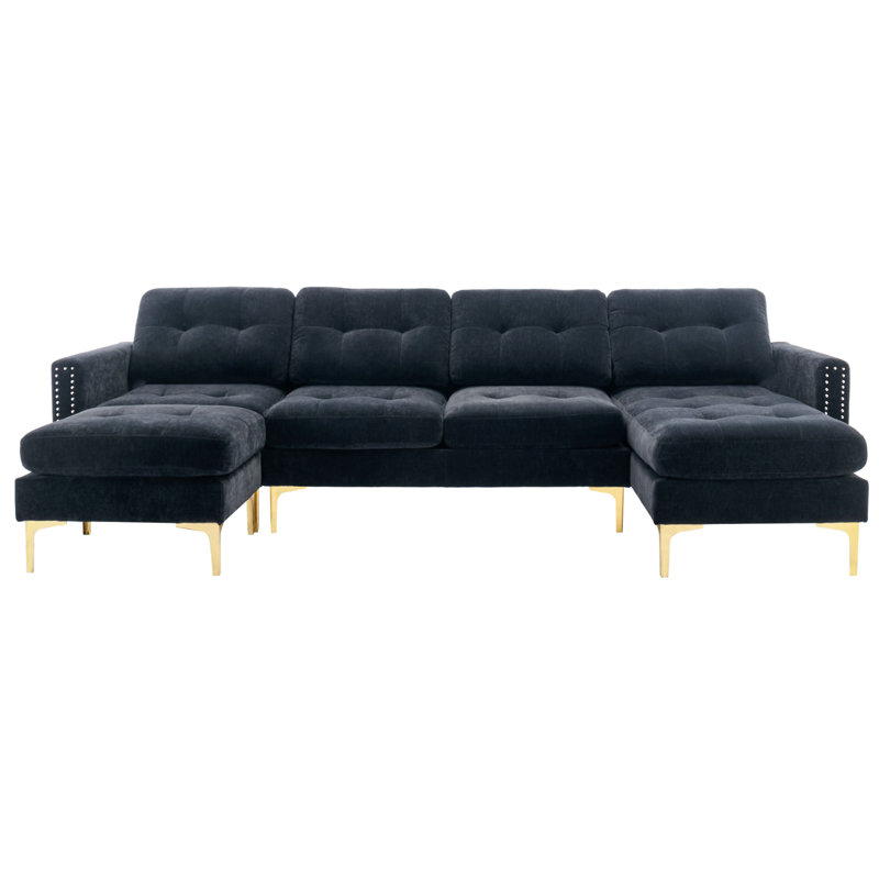 110.6" L-Shape Convertible Sectional Sofa Couch With Movable Ottoman For Living Room, Black Velvet