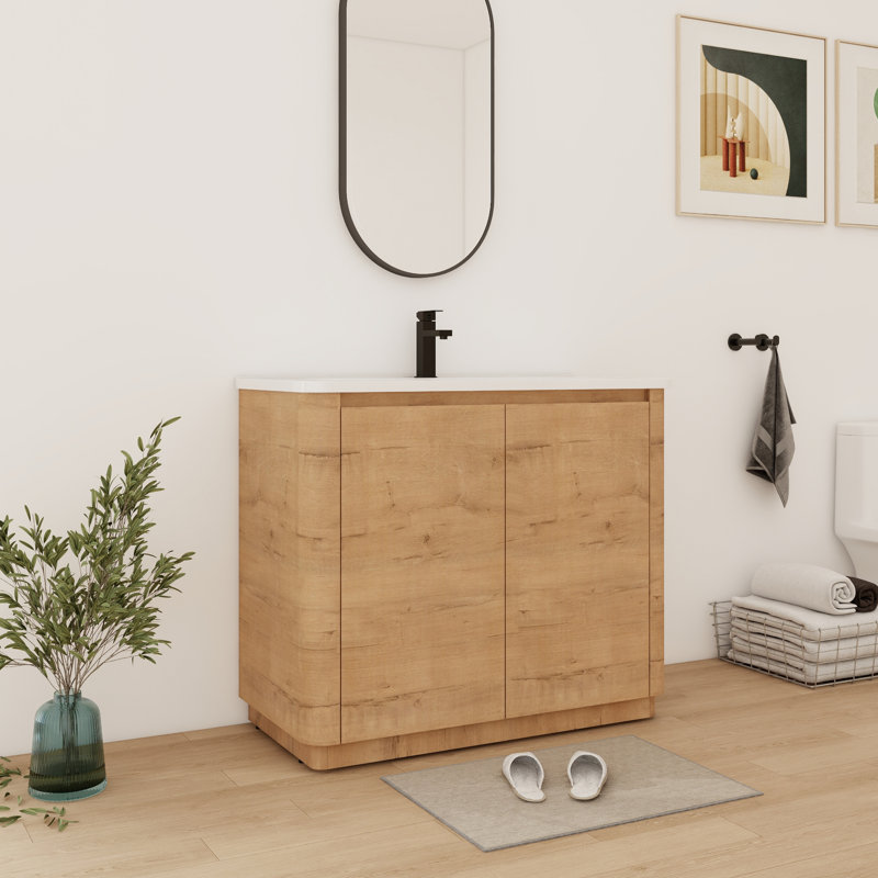 Meuble-lavabo simple 40 po avec plateau en céramique, 40", Imitation chêne