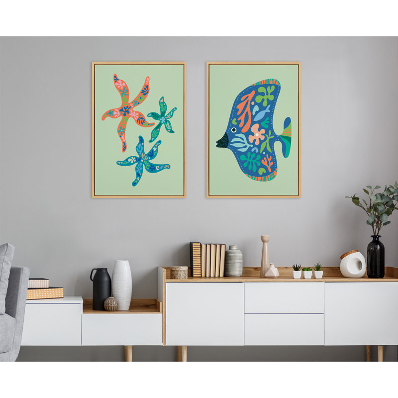 «Modern Colorful Starfish and Modern Colorful Tropical Fish» par Rachel Lee, ensemble de 3 toiles encadrées