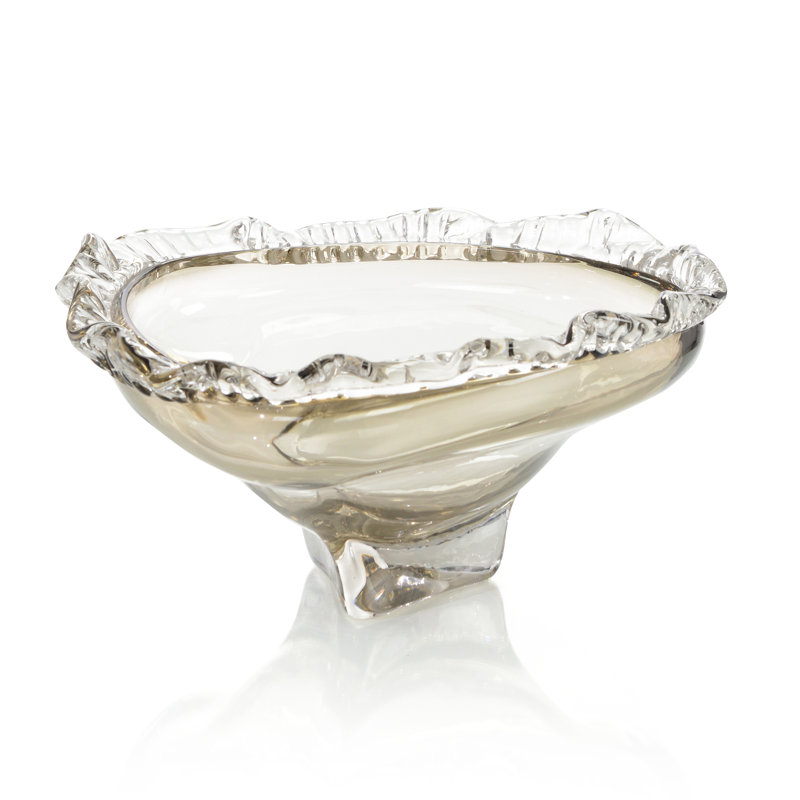 Brown And Clear Ruffled Handblown Glass Bowl