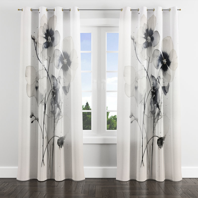Linhurst Black and White Adorned Violets - Traditional Velvet Grommet Curtain - Room Darkening - 1 Panel, 52" W x 108" L