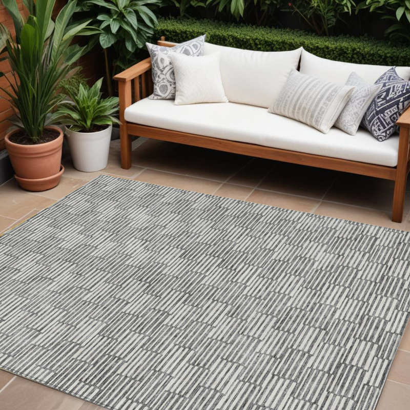 Tapis extérieur lavable à motif géométrique gris et ivoire 10 pi x 14 pi