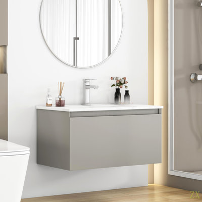32-Inch Wall-Mounted Bathroom Vanity With 1 Big Drawers, Soft-Close System,Ceramic Sink,No Handle Design,Solid Wood,Painting Finish,Easy To Install,The Faucet Is Not Included