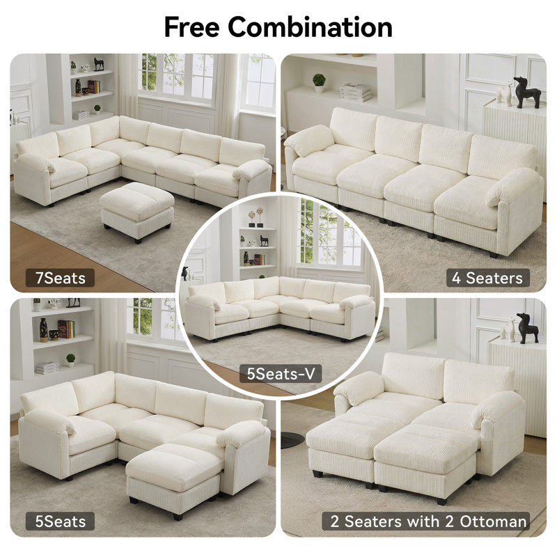 Causeuse modulaire de 61 po avec 2 repose-pieds, accoudoirs coussinés et coussins en velours côtelé, Beige