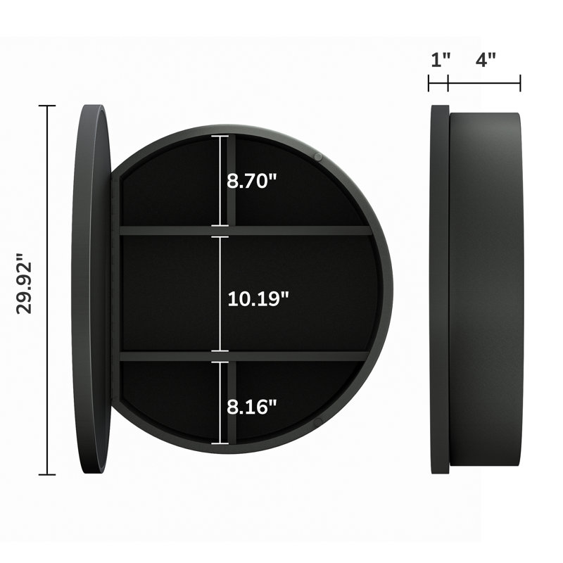 Pharmacie murale ronde avec tablettes Gervon, Noir, noir, noir, noir, H 30 po x l 30 po x P 6 po