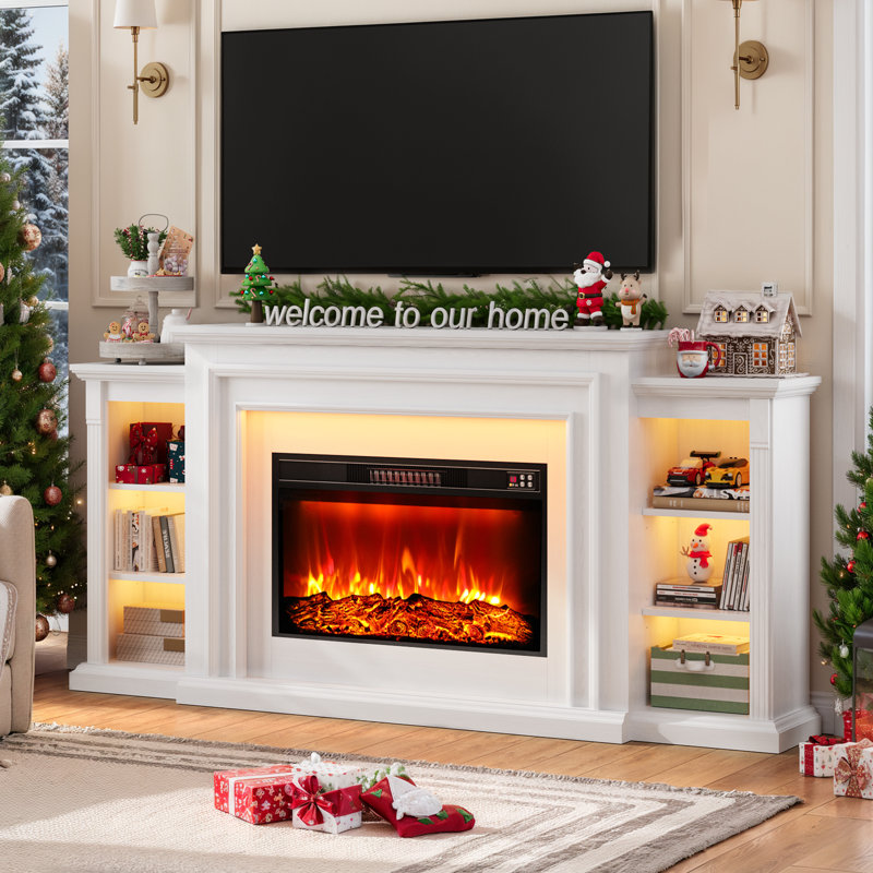 80" Led Electric Fireplace With Mantel, Fireplace Tv Stand For 90 Inch Tv, White