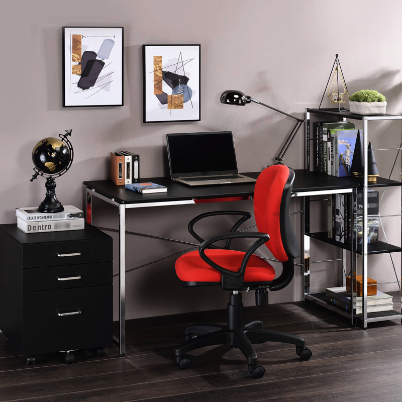 Bureau noir et argent avec piètement luge, grand espace de rangement, étagère élégante pour écrire, Black/Silver