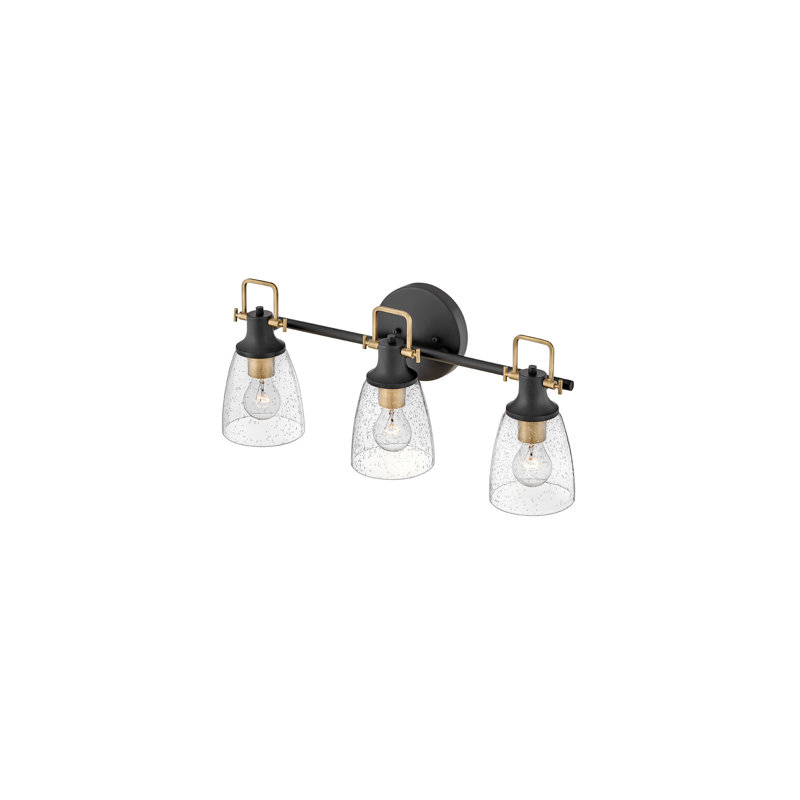 Easton Three-Light Bath Vanity Fixture w/ Clear Seedy Glass Shades, Black/Gold