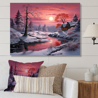 «White Snowy Trees by The River At Red Sunset I», impression sur toile
