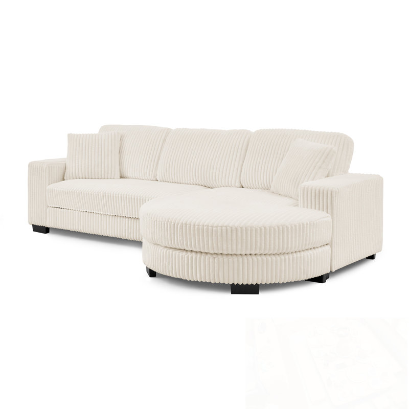 L-Shaped Sectional Sofa With Pillows And Ottoman, Beige Corduroy