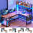 L Shaped Gaming Desk With Hutch, 57.5” Reversible Corner Computer Desk With Storage Shelves, Gaming Desk With Pegboard, Led Lights, Power Outlet, Keyboard Tray-375234839