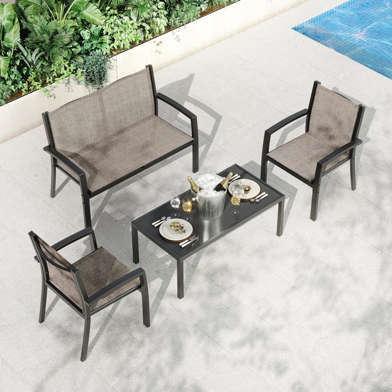 4-Piece Outdoor Patio Conversation Set with Loveseat, 2 Chairs & Tempered Glass Coffee Table, All-Weather Textilene Fabric & Metal Frame for Backyard, Poolside or Garden