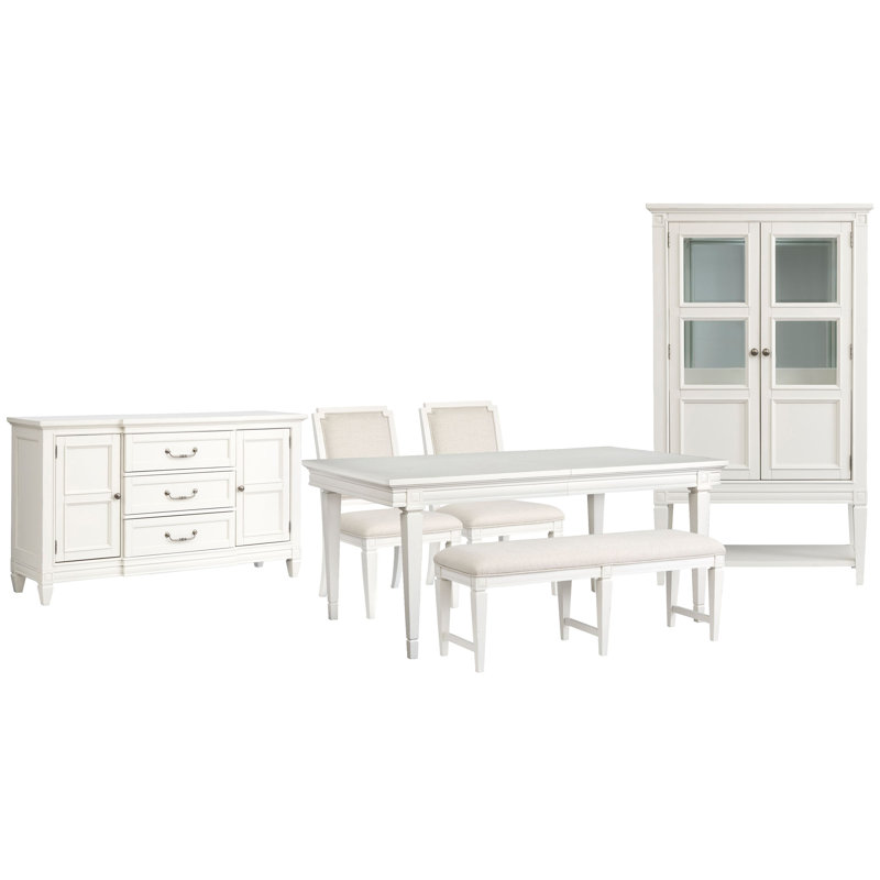 Extendable Rectangular Dining Table With 2 Upholstere Benches 2 Upholstered Side Chairs And Buffet