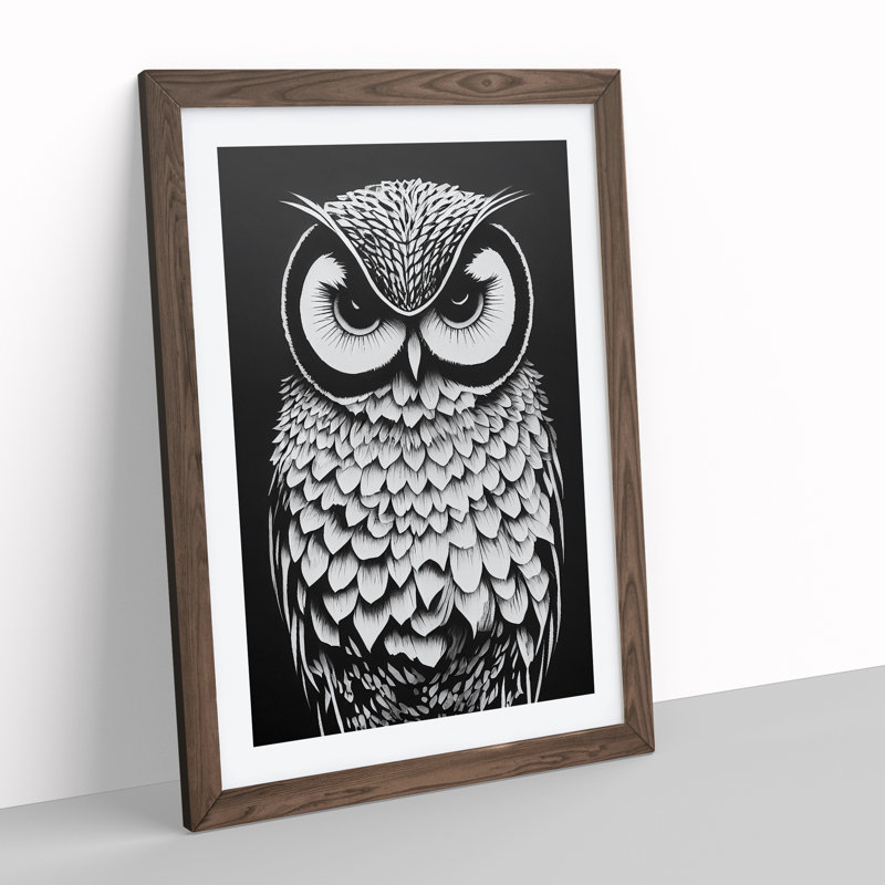 Owl Monochrome No.5 - Framed Print, 46cm H x 34cm W x 2cm D, Walnut