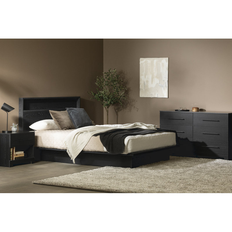 Black Oak Queen Platform Bed with Upholstered Headboard and Drawer
