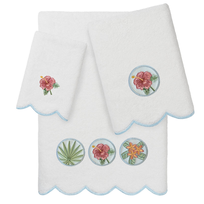  100% Turkish Cotton MAUI Scallop 3PC Embellished Towel Set, 3 Piece Towel Set, White/Blue