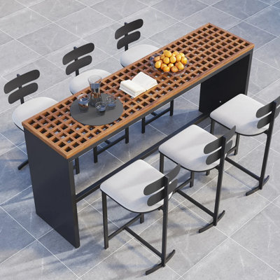 7 Pieces Rectangle Outdoor Patio Bar Dining Set with Teak Table and Chairs for 6 Person