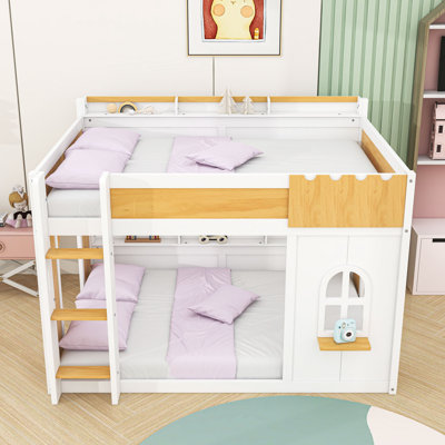 Wood Bunk Bed with Built-in Storage Shelves and Playful Design