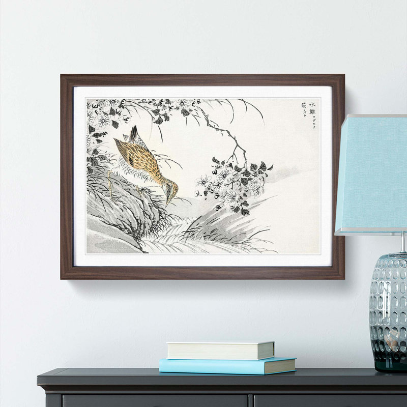 Sandpiper & Wild Rose by Numata Kashu - Picture Frame Painting Print, Walnut, 60cm H x 91cm W x 2cm D