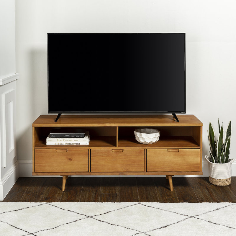 Mid-Century Modern Solid Wood 3-Drawer 58" TV Stand For 65" Tvs With 2 Open Cubbies, Caramel