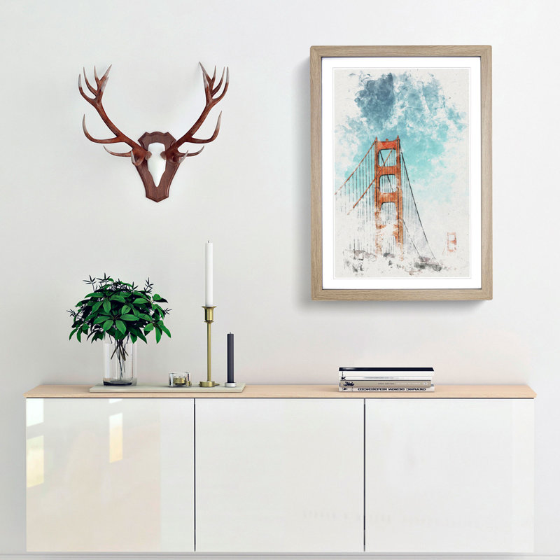 The Golden Gate Bridge - Picture Frame Graphic Art, 33cm H x 24cm W x 2cm D, Oak Framed