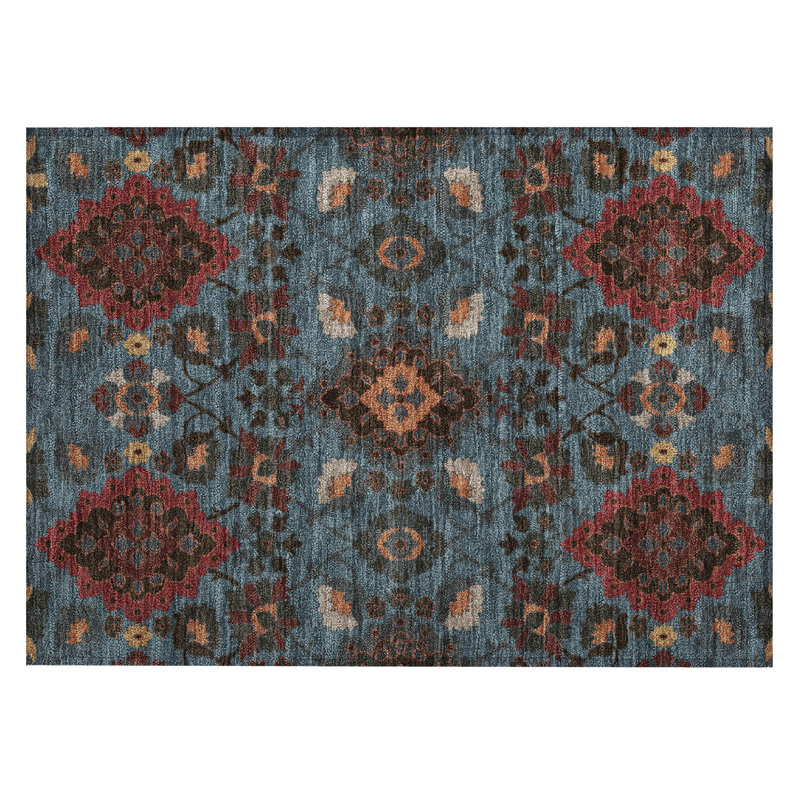 Denim Blue and Red Synthetic Washable Rectangular Rug