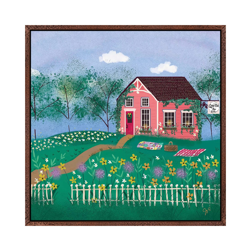 Folk Art Fusion III by Joy Laforme - Painting on Canvas, 45.72cm H x 45.72cm W x 3.81cm D, Brown Framed