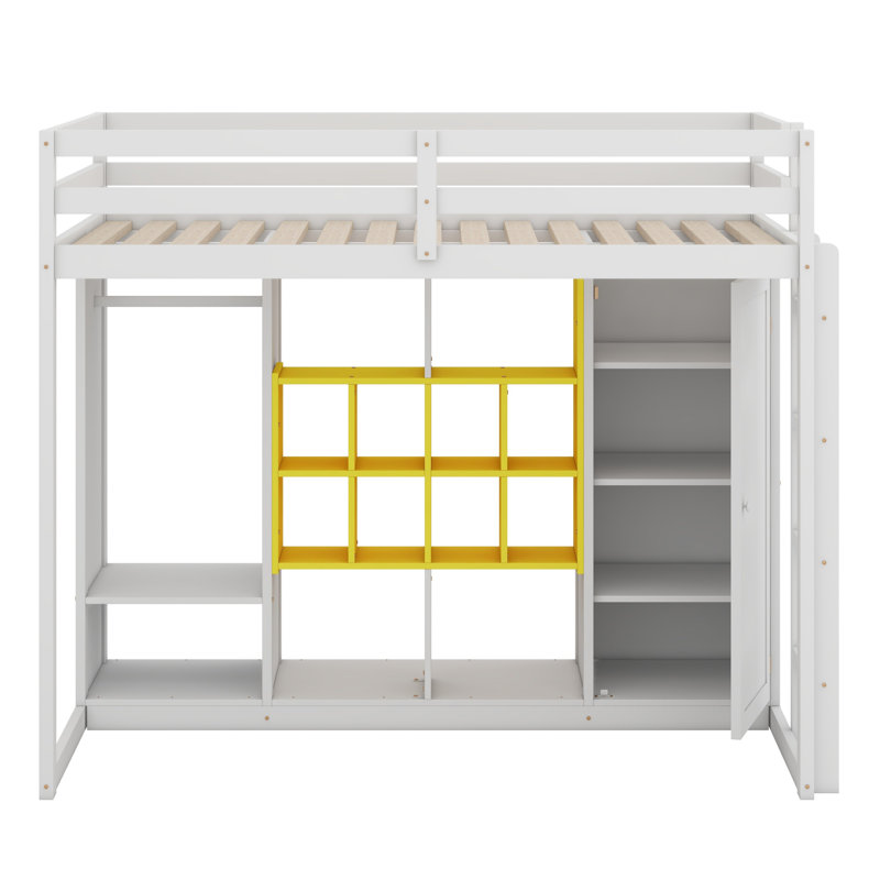 Lit mezzanine en bois avec garde-robe, tablettes et armoire, Simple, Blanc / jaune