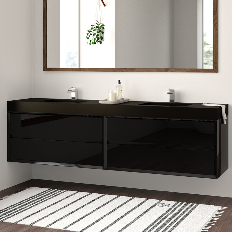 Ensemble de meuble-lavabo double mural 84 po Golitz, Noir lustré