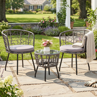 3 Piece Bistro Set, Modern Outdoor Wicker Patio Furniture with Tempered Glass Table Top and 2 Chairs, Grey Rattan and Grey Cushion