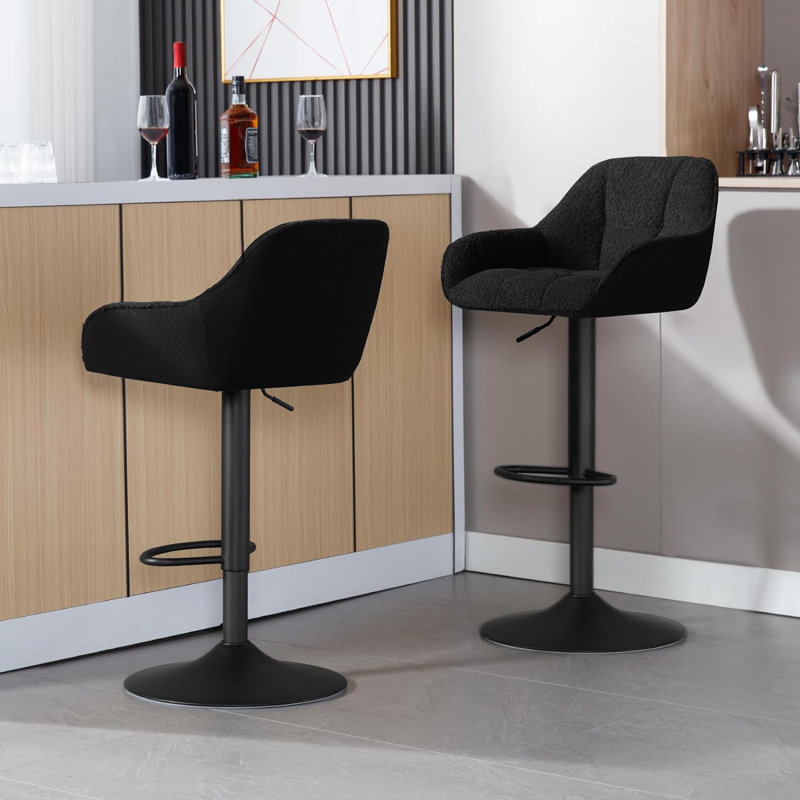 Akber Swivel Upholstered and Chenille Adjustable Height Bar Stool with Steel Frame, Black