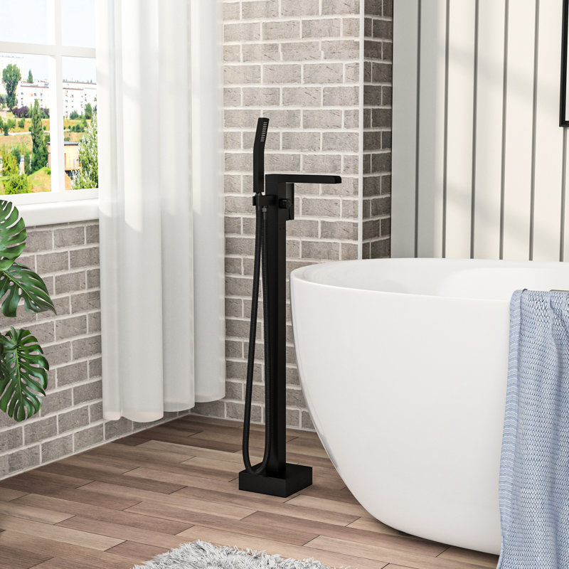 Freestanding Bathtub Faucet With Waterfall Tub Filler And Hand Shower, 360 Rotatable Spout, Dual Temperature Regulation, Brass Base Matte Black Faucet, 59" - Kink Hose, Control For Relaxing Water