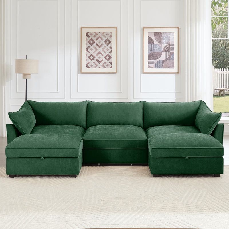 Canapé modulaire en chenille en U avec 2 repose-pieds et rangement Kian, Chenille orange