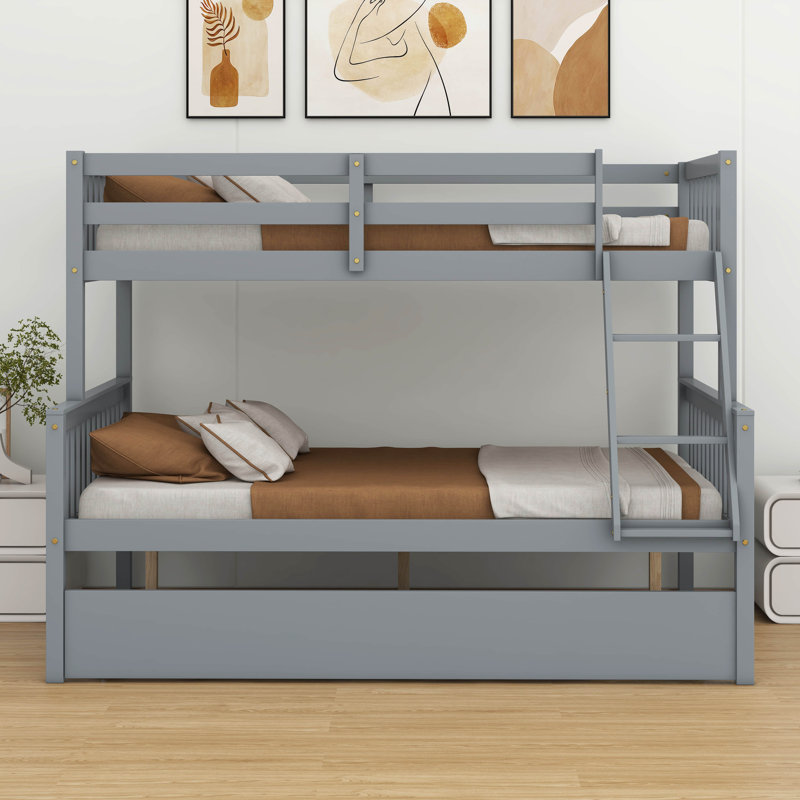 Twin Over Full Rubber Wood Bunk Bed – Twin-Size Trundle, Convertible Ladder, Guardrail & Detachable/Convertible Design, Gray