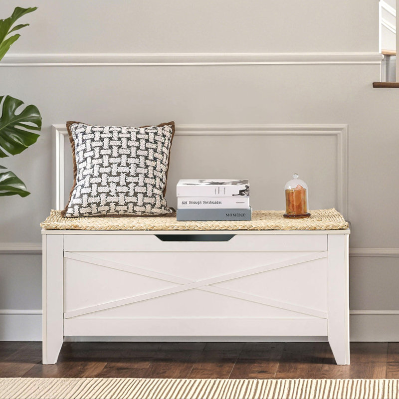 Pania 30" Wide Rectangle Storage Bench, White, 18.5" H x 43.3" W x 15" D