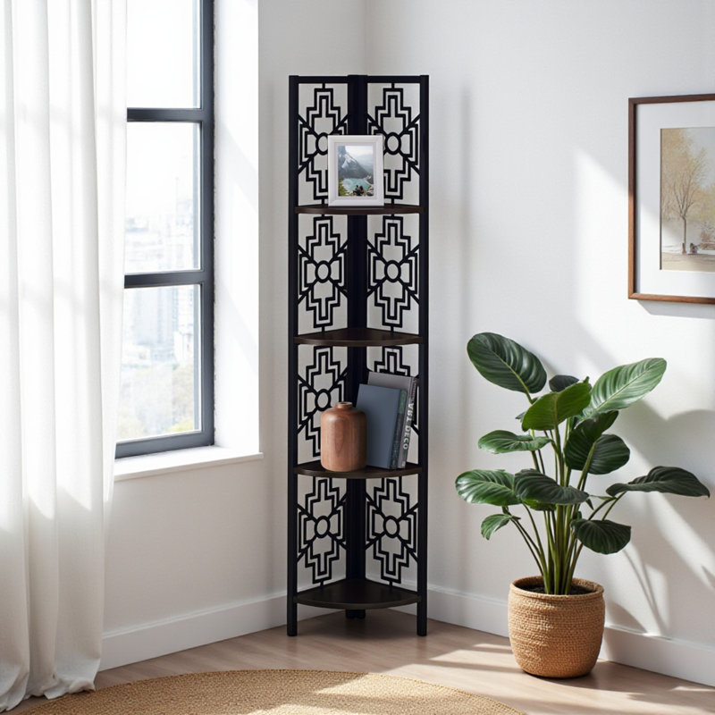 Tritan 4 Tier Open Shelves Metal Corner Bookcase in Black/Dark Brown, 61.33" H X 15.38" W X 10.85" D