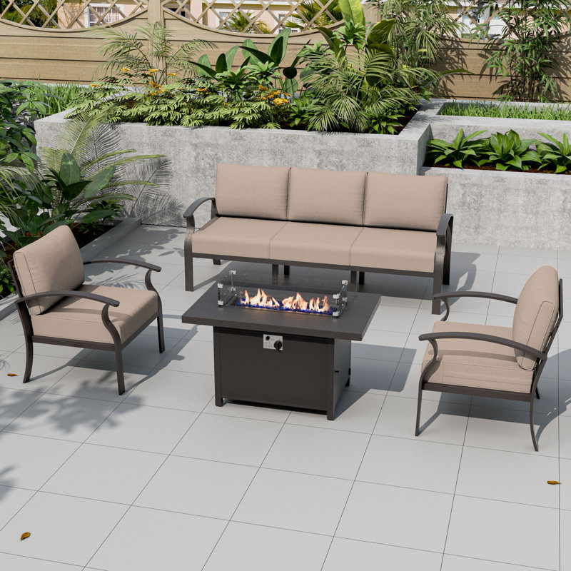 Outdoor Patio Aluminum 5-Person Conversation Set With LP Fire Pit Table&Glass Guard, Tan