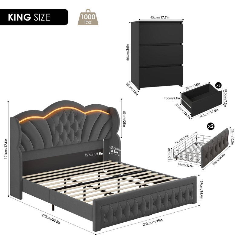 ON SALE 3-Piece Bedroom Sets, Velvet Upholstered Wingback Bed With LED Headboard And Storage Drawers, 2 3-Drawer Nightstands With Charging Port