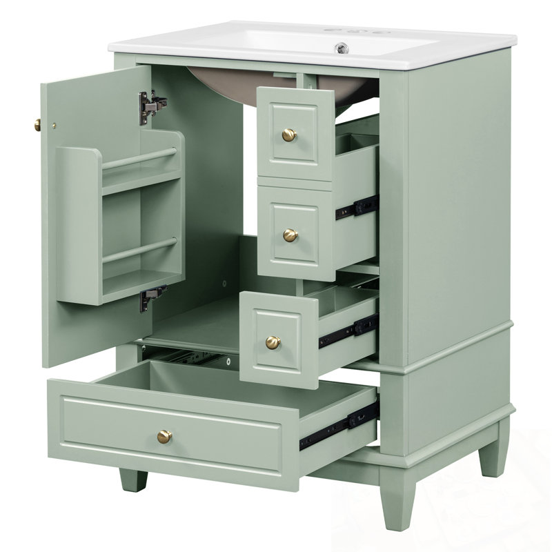 Meuble-lavabo de salle de bain avec lavabo, tiroirs et tablettes de rangement, Vert clair
