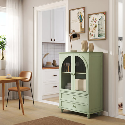 Mint Green Farmhouse Storage Cabinet, Arched Tempered Glass Door Buffet Sideboard with Tiered Top, 2‑Drawer Pantry Cabinet for Kitchen Dining Living Room Entryway Coffee Bar
