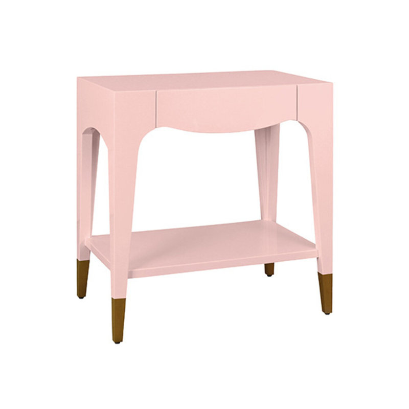 Table d'appoint à un tiroir avec pieds fuselés et repose-pieds en laiton antique, 29.4"H x 28"W x 18"D, Pink