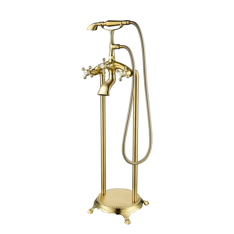 Robinet de baignoire autoportant à fixation au sol avec douche à main, Or brossé