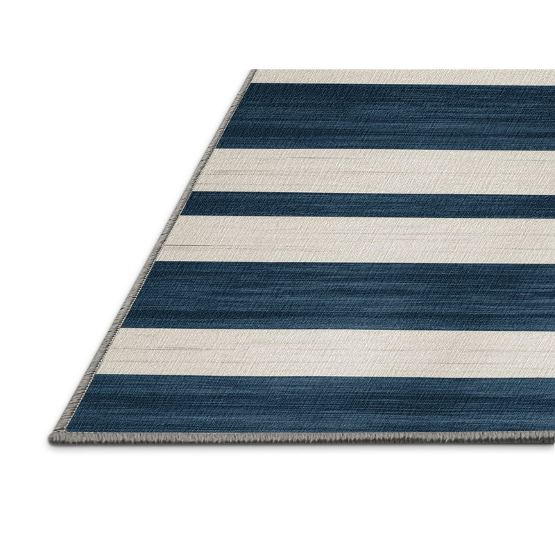 Washable Slate Blue White Striped Area Rug, Rectangle 7' x 10'