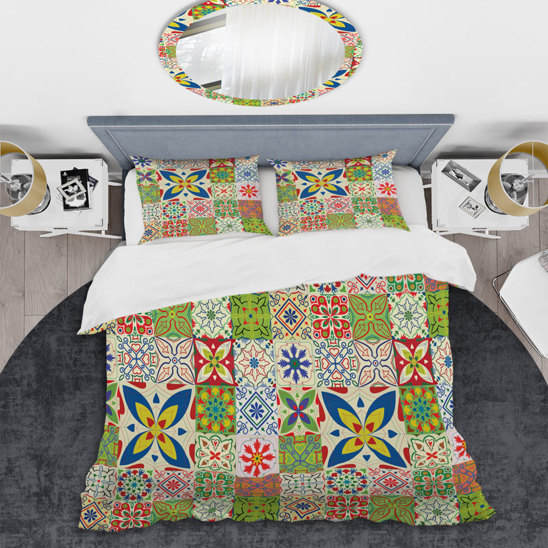 Ensemble de housse de couette à motif patchwork vert et bleu, Housse de couette pour grand lit et 2 taies décor