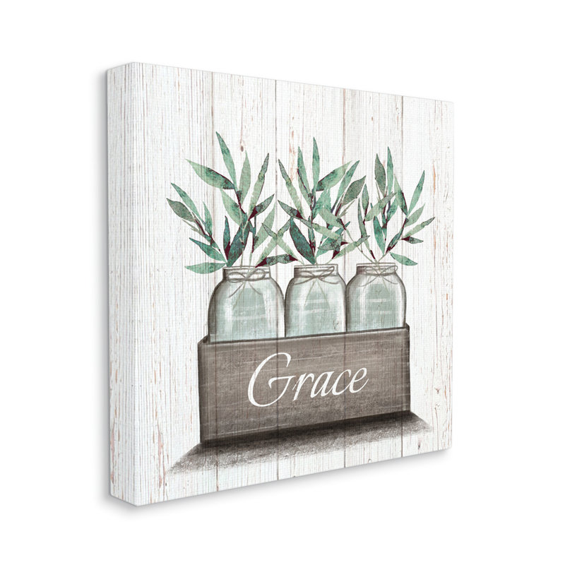 «Green Plant Foliage in Jars with Grace Sentiments» par Elizabeth Tyndall - impression, Toile tendue