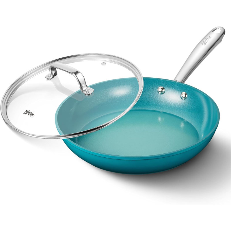Poêle à frire antiadhésive en aluminium avec couvercle Hlafrg, 10", Cyan
