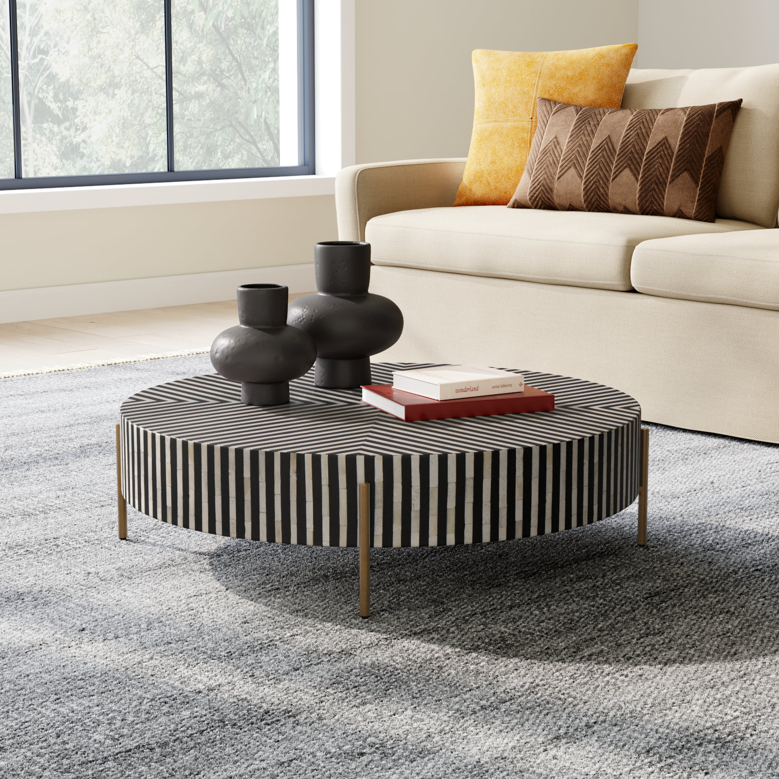 Bron Bone Inlay Coffee Table, 12" H x 42" L x 42" W