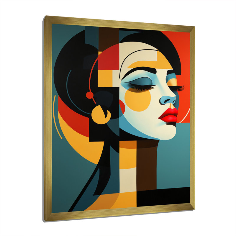 Portrait géométrique d'une femme aimable, impression sur toile, H 44 po x l 34 po x P 1,5 po, Cadre doré simple