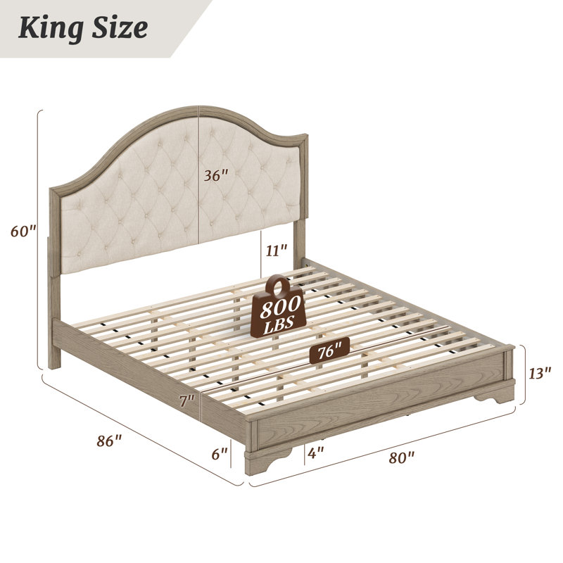 Antoro Upholstered Solid Wood Platform Bed, King, Dark Wood